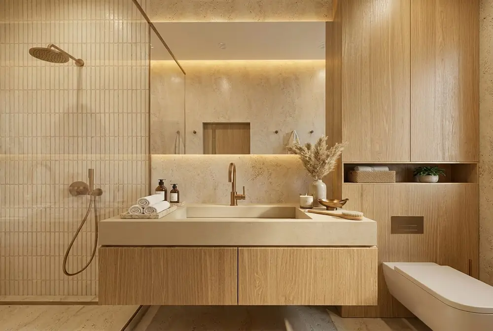 Salle de bain en bois et pierre