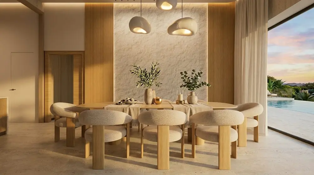Salle à manger ouverte sur la piscine