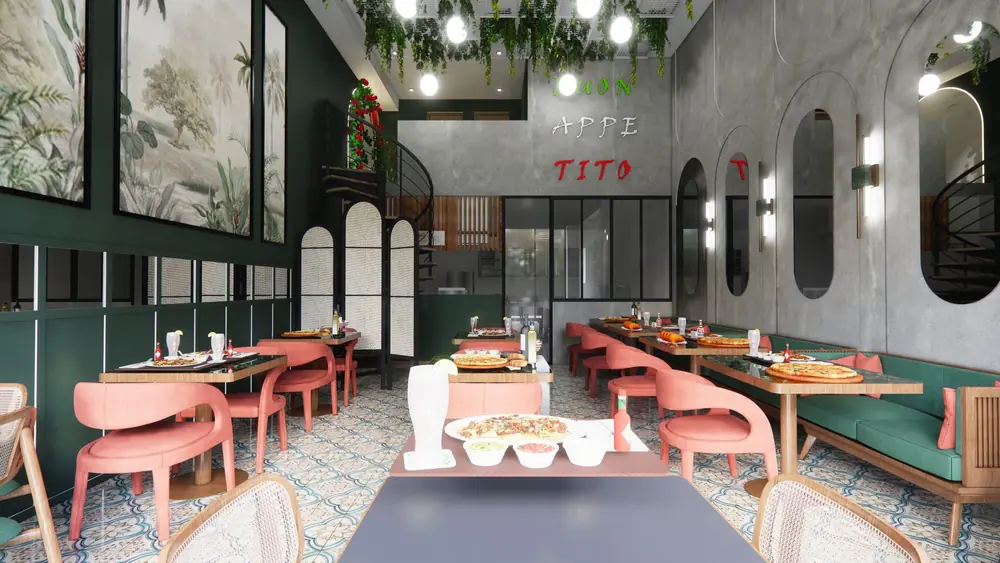 Salle de restaurant sous verrière (rendu 3D)