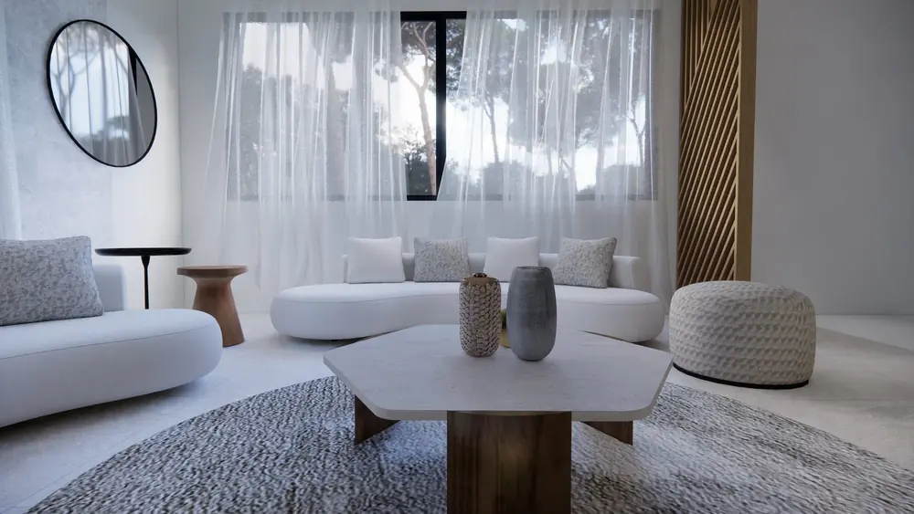 Salon aux canapés courbes (rendu 3D)