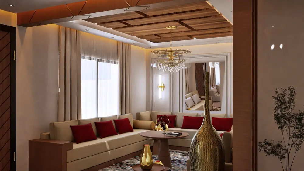 Salon marocain sous plafond en bois (rendu 3D)