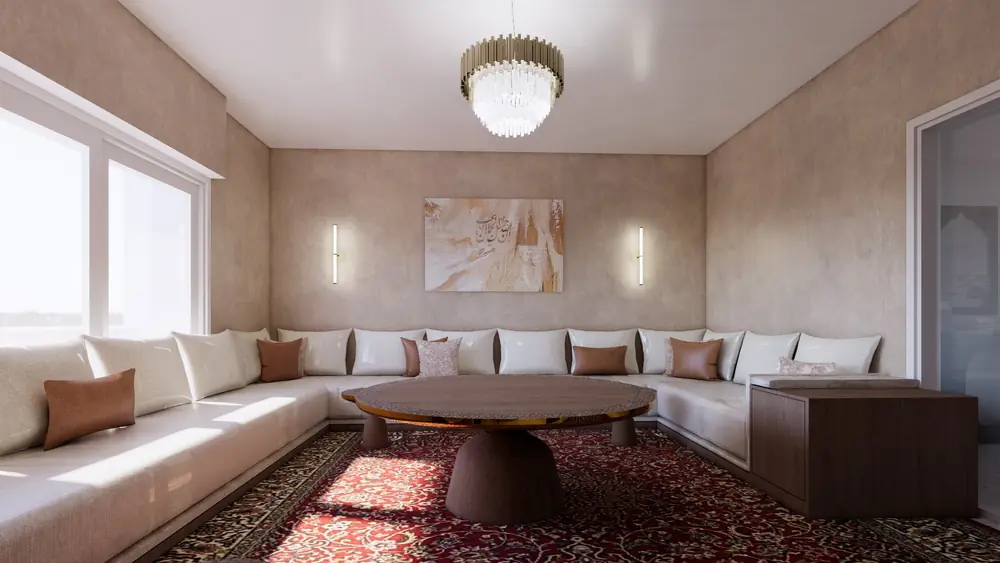 Salon marocain et tapis traditionnel (rendu 3D)